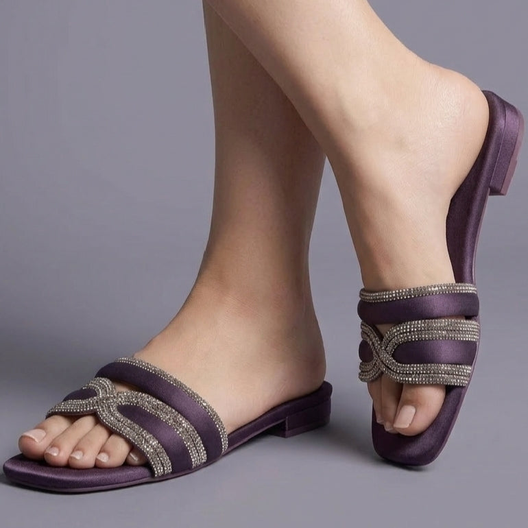 Embellished Flat Slippers in Silk Material