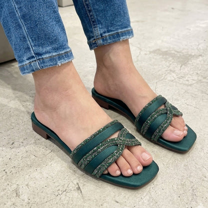 Embellished Flat Slippers in Silk Material