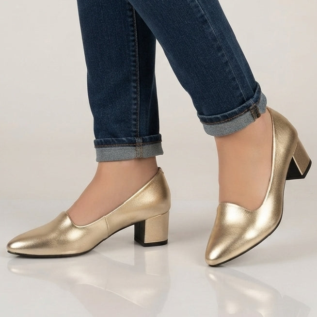 Women Patent Heel Court Shoes - Gold, Silver, Black