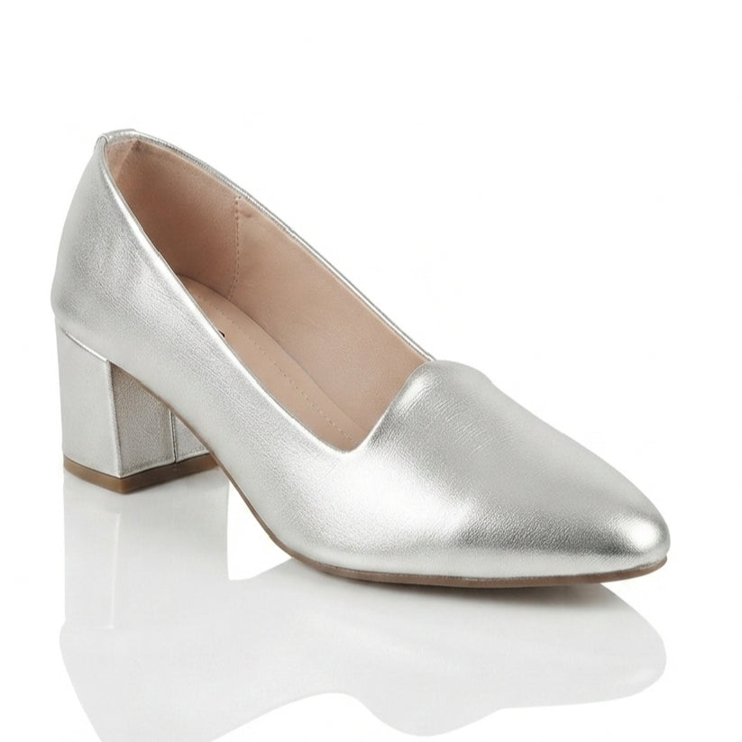 Women Patent Heel Court Shoes - Gold, Silver, Black