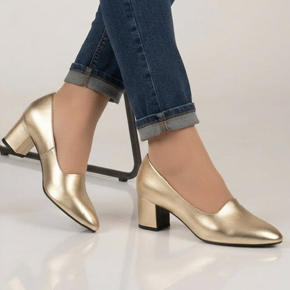 Women Patent Heel Court Shoes - Gold, Silver, Black