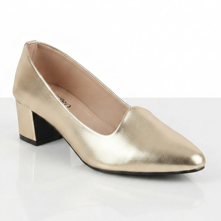Women Patent Heel Court Shoes - Gold, Silver, Black
